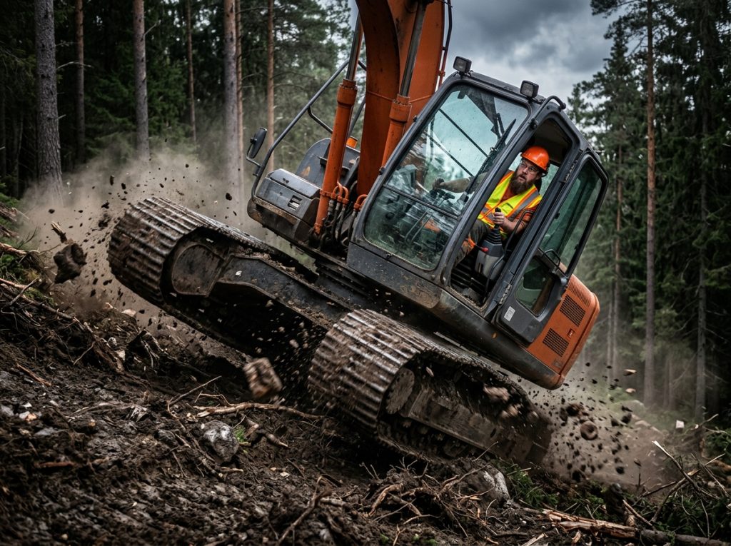 Tuotekoulutus konealalla: harvesteri kaatumisvaarassa osaamattoman käytön seurauksena