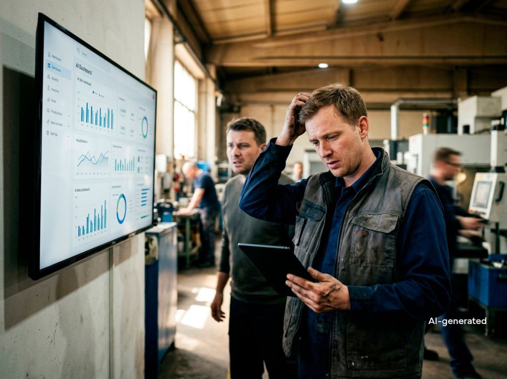 Tekoäly käyttöönotossa: kaksi työntekijää epävarmana dashboard-näytön edessä