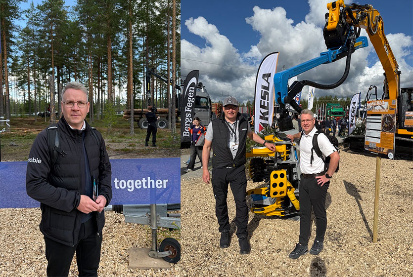 Santtu FinnMETKO 2026 -messuilla, oikeanpuoleisessa kuvassa vasemmalla Reijo Tuononen (Kesla) ja oikealla Santtu kurottimen kanssa.